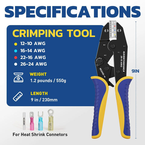 Crimping Tool For Heat Shrink Connectors AWG 26 To 10 Ratchet Wire Terminal Crimper For Insulated Nylon And Electrical Wire Connectors HS 8327