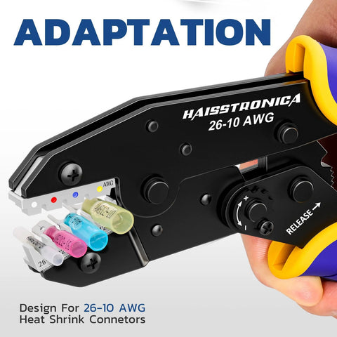 Crimping Tool For Heat Shrink Connectors AWG 26 To 10 Ratchet Wire Terminal Crimper For Insulated Nylon And Electrical Wire Connectors HS 8327