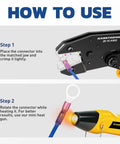 Steps showing the Crimping Tool For Heat Shrink Connectors AWG 26 To 10 Ratchet Wire Terminal Crimper HS 8327 in use.