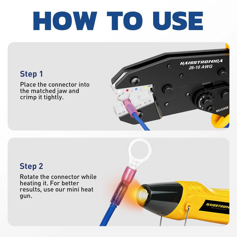 Steps showing the Crimping Tool For Heat Shrink Connectors AWG 26 To 10 Ratchet Wire Terminal Crimper HS 8327 in use.