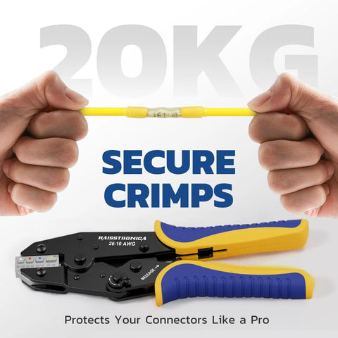 Crimping Tool For Heat Shrink Connectors AWG 26 To 10 Ratchet Wire Terminal Crimper with secure crimps demonstrating strength