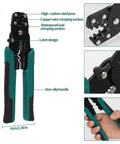 Nylon Spade Connectors Kit With All In One Crimping Tool for Automotive Wiring DIY Friendly 10 To 24 AWG, showing non-slip handle design.