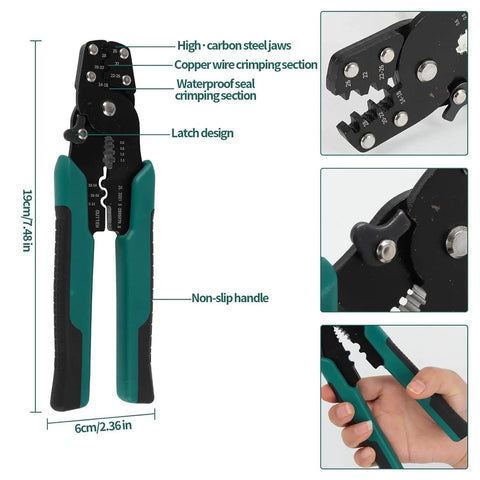 Nylon Spade Connectors Kit With All In One Crimping Tool for Automotive Wiring DIY Friendly 10 To 24 AWG, showing non-slip handle design.