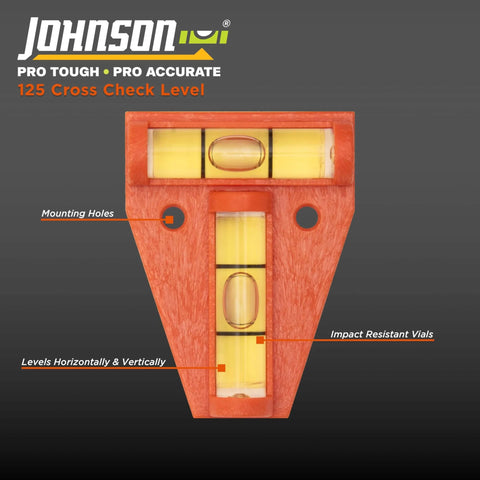 Cross Check Level For Quick Horizontal And Vertical Readings Ultra Compact And Lightweight Dual Direction Level With High Impact Orange Body Built Tough For Real Job Sites Accurate Readings Every Time Johnson Level And Tool, showing orange body and mounting holes.