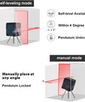 Self-leveling cross line laser projects bright red horizontal and vertical lines with 110° coverage and 360° rotation.