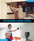 360 Degree Cross Line Laser With Self Leveling Delivers Bright Horizontal And Vertical Lines For Precise Tile Setting Cabinet Installation And Framing With 110 Degree Projection For Quick Easy Alignment And Reliable Battery Powered Operation shown on a tripod with green laser lines and a person installing cabinets and doing wall framing.