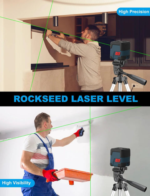 360 Degree Cross Line Laser With Self Leveling Delivers Bright Horizontal And Vertical Lines For Precise Tile Setting Cabinet Installation And Framing With 110 Degree Projection For Quick Easy Alignment And Reliable Battery Powered Operation shown on a tripod with green laser lines and a person installing cabinets and doing wall framing.