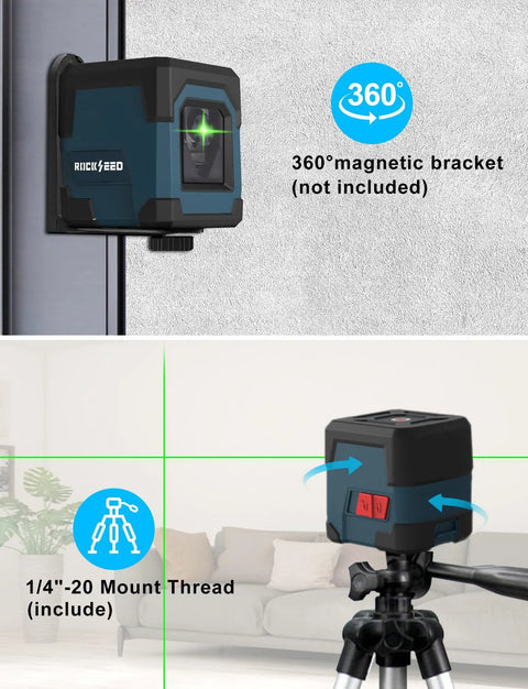 360 Degree Cross Line Laser With Self Leveling Delivers Bright Horizontal And Vertical Lines For Precise Tile Setting Cabinet Installation And Framing With 110 Degree Projection For Quick Easy Alignment And Reliable Battery Powered Operation mounted on a tripod