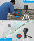 360 Degree Cross Line Laser With Self Leveling Delivers Bright Horizontal And Vertical Lines For Precise Tile Setting Cabinet Installation And Framing With 110 Degree Projection For Quick Easy Alignment And Reliable Battery Powered Operation on tripod in use indoors
