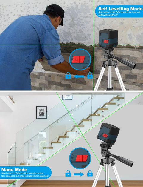 360 Degree Cross Line Laser With Self Leveling Delivers Bright Horizontal And Vertical Lines For Precise Tile Setting Cabinet Installation And Framing With 110 Degree Projection For Quick Easy Alignment And Reliable Battery Powered Operation on tripod in use indoors