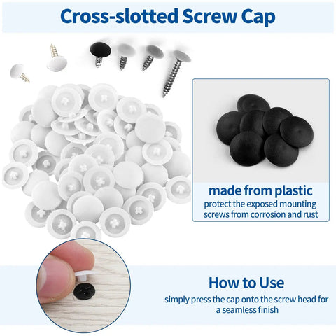 Cross-slotted screw caps in white and black from All In One 285Pcs 3 In 1 Eccentric Wheels Kit For Furniture Assembly With Cam Lock Fasteners Dowel Pins Nut And Bolt Set Pre Inserted Nuts Compatible With IKEA