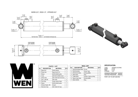 Technical diagram of Cross Tube Hydraulic Cylinder With 2.5 Inch Bore And 8 Inch Stroke From Wen, Double Acting Steel Welded.