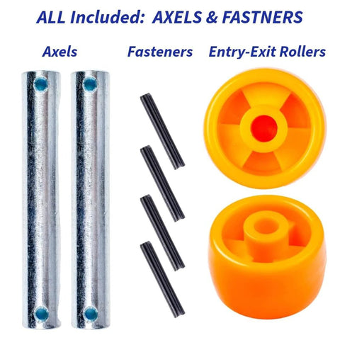 Crown PTH50 pallet jack front load wheels replacement kit showing axles, fasteners, and polyurethane entry-exit rollers