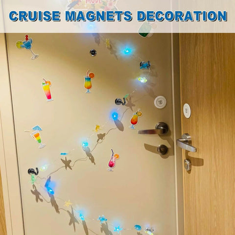 Cruise magnets decoration with colorful drink and sea animal magnets on a door