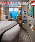 Cruise ship cabin with essential travel gear including headphones, backpack, umbrella, and binoculars displayed on hooks.
