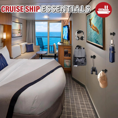 Cruise ship cabin with essential travel gear including headphones, backpack, umbrella, and binoculars displayed on hooks.