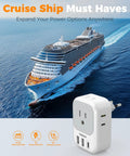 Cruise ship with European Plug Adapter USB C 2 Pack With 4 Outlets And 3 USB Chargers, ideal for travel in Europe, shown in use.