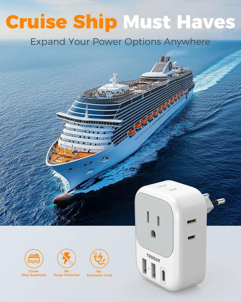 Cruise ship with European Plug Adapter USB C 2 Pack With 4 Outlets And 3 USB Chargers, ideal for travel in Europe, shown in use.