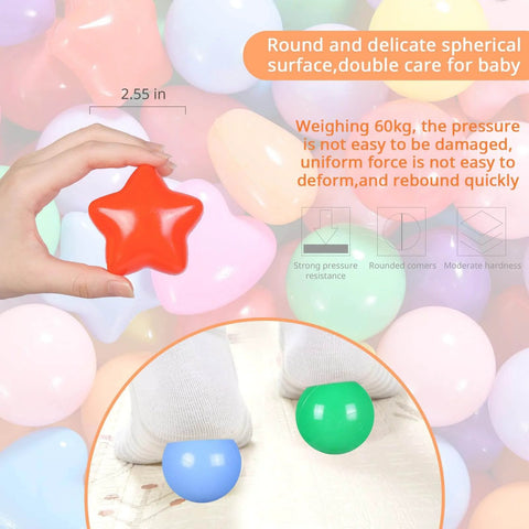 Ball Pit Balls Pack of 100 - Phthalate Free BPA Free Crush Proof Plastic Ball, including star and round shape, shown in play setting