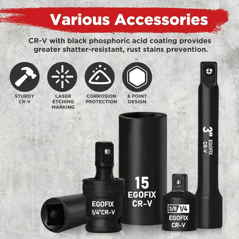 CR-V impact socket accessories with black phosphoric acid coating, shatter-resistant, rust prevention, various sizes visible.