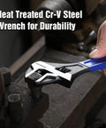 Using the Two Piece Adjustable Wrench Set With 6 Inch And 10 Inch Wide Jaw Sizes, Black Oxide CrV Steel, Metric And SAE Scales.