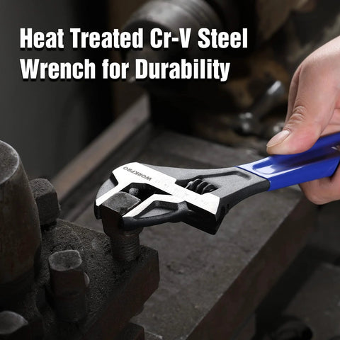Using the Two Piece Adjustable Wrench Set With 6 Inch And 10 Inch Wide Jaw Sizes, Black Oxide CrV Steel, Metric And SAE Scales.
