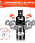 Universal Joint Socket Adapter Set Three Piece One Half Inch Three Eighth Inch One Quarter Inch Drives For Tight Access Swivel CRV Steel Mechanic Tools Ratchet And Torque Wrench Compatible Reach Fasteners At Any Angle showing 90-degree motion.