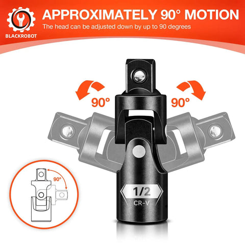 Universal Joint Socket Adapter Set Three Piece One Half Inch Three Eighth Inch One Quarter Inch Drives For Tight Access Swivel CRV Steel Mechanic Tools Ratchet And Torque Wrench Compatible Reach Fasteners At Any Angle showing 90-degree motion.