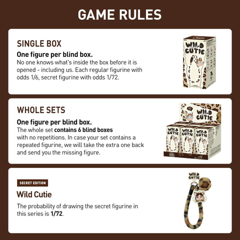 Game rules for Crybaby Wild But Cutie Series Phone Charm Blind Box with single and whole set options.