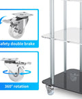 2 Inch Crystal Clear Caster Wheels With Brake And Stainless Steel Housing For Rugged Use Rust Resistant And Waterproof Swivel Castors Transparent Wheel For Modern Look Set Of 4 Suitable For Outdoor Furniture Labs Hospitals And Restaurants shown with safety double brake and 360-degree rotation icons