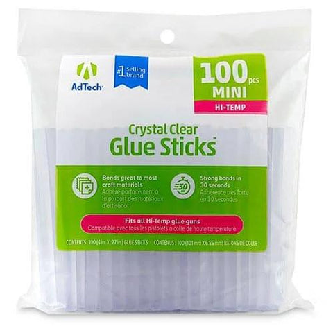 AdTech High Temp Mini Glue Sticks Five Sixteenths Inch By Four Inch 100 Pack For Hot Glue Guns in clear packaging