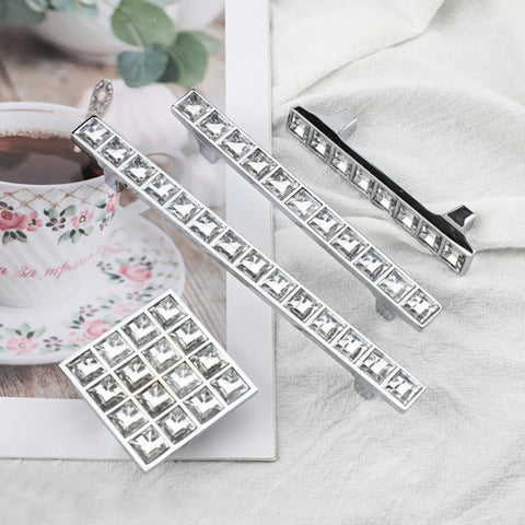 Crystal Glass Rhinestone Drawer Pulls 6 Pack Modern Cabinet Knobs Handles 5 Inch Hole Centers High Shine Decorative Hardware