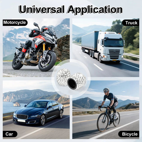 4 Pack Handmade Crystal Rhinestone Tire Valve Stem Caps For Cars, Trucks And Motorcycles; universal application for vehicles