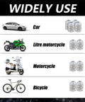4 Pack Bling Crystal Tire Valve Caps With Rhinestones Waterproof Dustproof Valve Stem Caps For Cars Trucks SUVs And Motorcycles Universal Fit White Made From ABS Plastic And Copper Alloy With Polymer Clay Coating For Durable Sparkle, shown compatible with car, motorcycle, and bicycle.