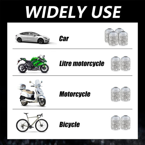4 Pack Bling Crystal Tire Valve Caps With Rhinestones Waterproof Dustproof Valve Stem Caps For Cars Trucks SUVs And Motorcycles Universal Fit White Made From ABS Plastic And Copper Alloy With Polymer Clay Coating For Durable Sparkle, shown compatible with car, motorcycle, and bicycle.