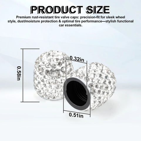 4 Pack Handmade Crystal Rhinestone Tire Valve Stem Caps For Cars, Trucks And Motorcycles, dimensions shown, bling wheel accessories