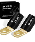 Two Pack CT40 FA Welding Terminal Connectors for LC40 Welders with 17/32 in stud hole, 45° angle, brass machined, no solder lugs.
