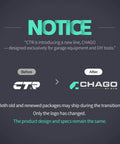 Notice about CTR introducing new line CHAGO with logo change for garage equipment and DIY tools, showing before and after logos.