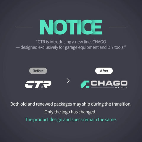 Notice about CTR introducing new line CHAGO with logo change for garage equipment and DIY tools, showing before and after logos.