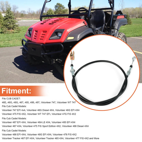 Park control cable 946-04254 replacement fits Cub Cadet Volunteer EFI 4x4, shown in front of a utility vehicle, enhancing braking safety.