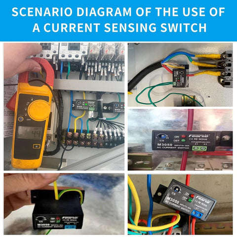 AC Current Sensing Switch Relay 0 to 50 Amp Normally Open Or Normally Closed Current Sensor Monitoring Relay With PLC Linkage Signal And Overload Protection M3060 in use scenario diagram with wiring and installation details.