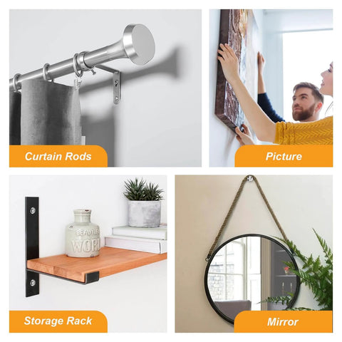 Collage showing uses for #8 Self Drilling Drywall Anchors with Screws Kit, including hanging rods, pictures, shelves, and mirrors.