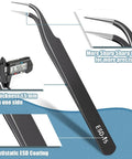 Close-up of Six Piece Precision Tweezers Set With Anti Static Stainless Steel Construction for electronics repair.
