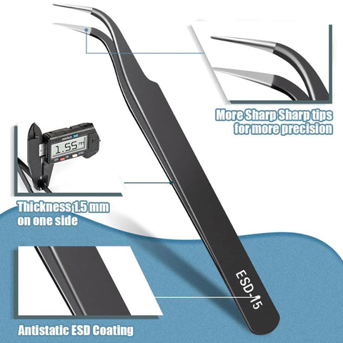 Close-up of Six Piece Precision Tweezers Set With Anti Static Stainless Steel Construction for electronics repair.