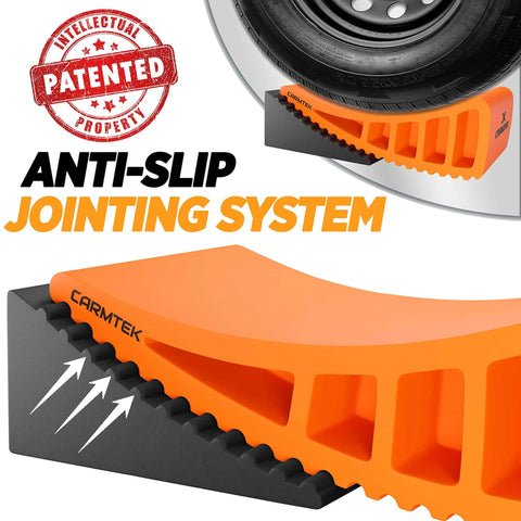 Pro Grade Camper Leveler Kit With Curved RV Levelers showing patented anti-slip jointing system