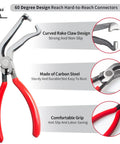 4 Piece Automotive Electrical Disconnect Pliers Set Designed For Car Connectors And Hose Clamps Made From Durable High Carbon Steel With Anti Slip Plastic Coated Handles close-up showing curved rake claw design and red handles.
