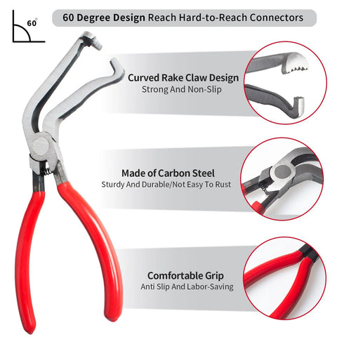 4 Piece Automotive Electrical Disconnect Pliers Set Designed For Car Connectors And Hose Clamps Made From Durable High Carbon Steel With Anti Slip Plastic Coated Handles close-up showing curved rake claw design and red handles.