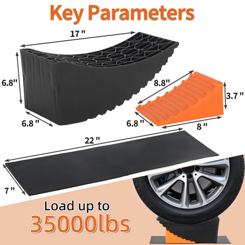 Curved Leveling Blocks For RV And Travel Trailer With A 6 Inch Lift For Easy Tire Change On Tandem Axle Wheels Without A Jack Heavy Duty Up To 35,000 Lbs And 32 Inch Tire Capacity Includes Chocks And Rubber Mat In A 2 Pack