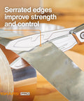 PowerArc Heavy Duty Shop Shears cutting tape, showcasing curved serrated blades and extended tang for construction use.