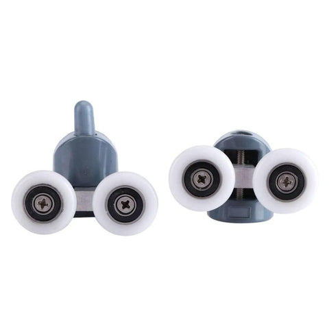 Curved Glass Shower Door Rollers 8PCS Twin Top and Bottom Double Wheel Runners for Bathroom Sliding Doors, front and side view.